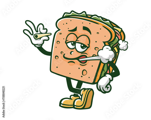 smoking sandwich cartoon mascot illustration character vector clip art hand drawn