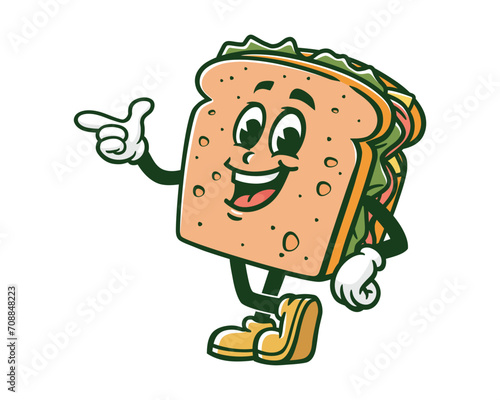 sandwich with pointing hand and relax pose cartoon mascot illustration character vector clip art hand drawn