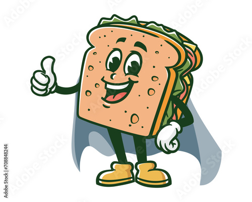 sandwich with caped superhero style cartoon mascot illustration character vector clip art hand drawn