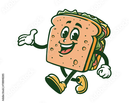 walking sandwich cartoon mascot illustration character vector clip art hand drawn