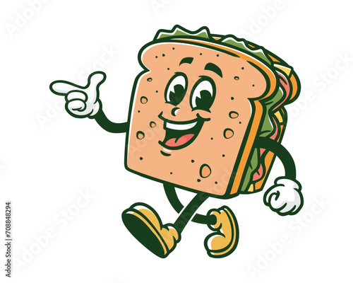 walking sandwich with pointing hand cartoon mascot illustration character vector clip art hand drawn