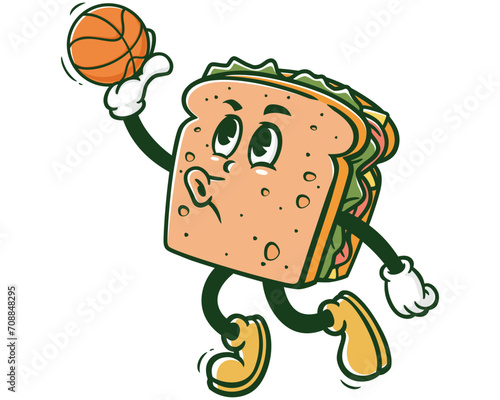 sandwich playing basketball slam dunk cartoon mascot illustration character vector clip art hand drawn