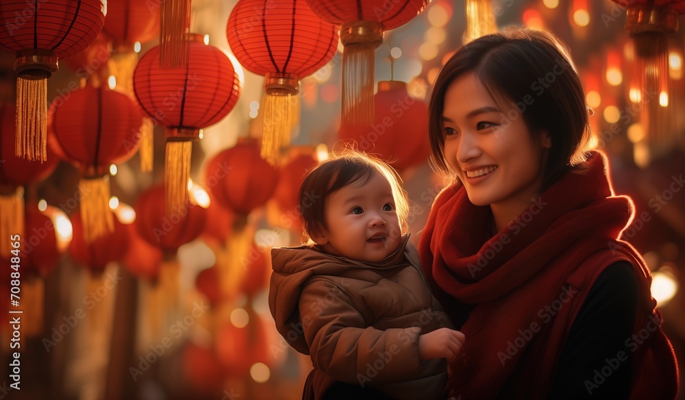 chinese woman and her baby near lanterns, chinese new yar chinese woman and her baby near lanterns, chinese new yar