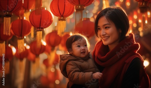 chinese woman and her baby near lanterns  chinese new yar