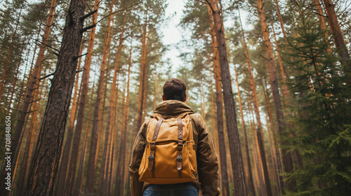 A man hiking in the pine forest. Holding backpack bag walking in jungle. back view, travel in the forest concept.