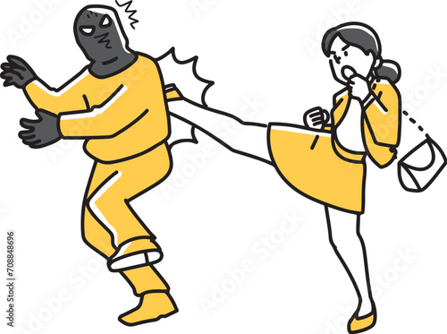 覆面強盗を蹴る女性