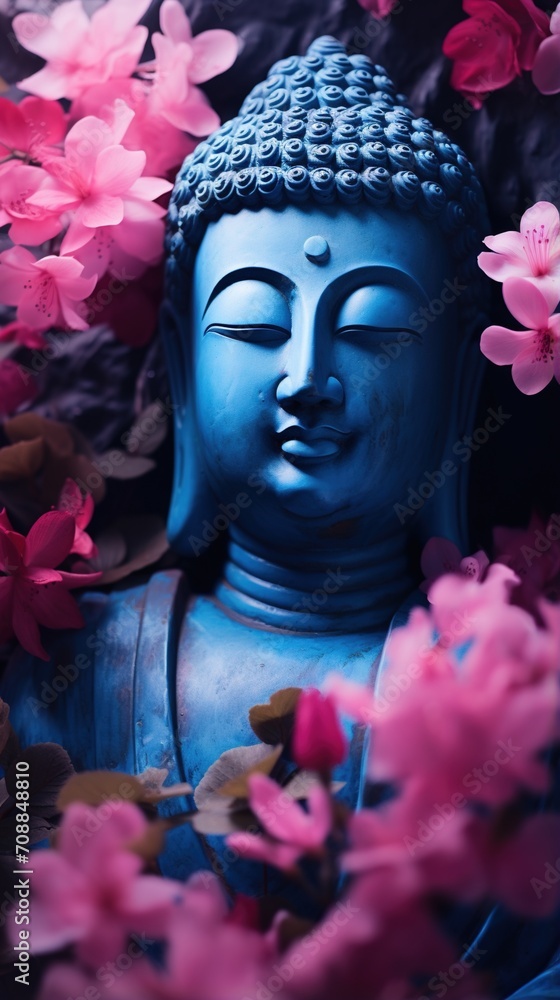 Blue Buddha statue with pink flowers