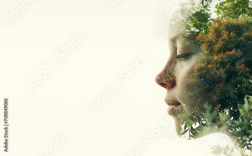 Flower pot and person face mesh silhouette | Plants mixed portrait of a face | Wide wallpaper for quotes or type