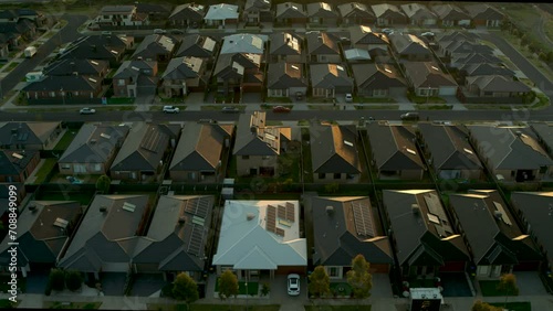 Aerial flyover of suburban housing blocks