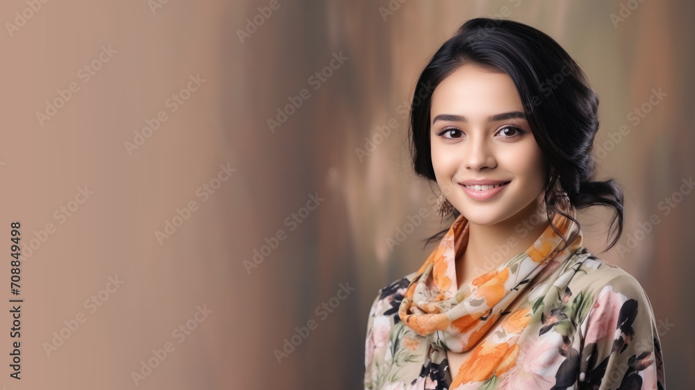 Malay woman in batik dress smiling isolated on pastel background Malay woman in batik dress smiling isolated on pastel background