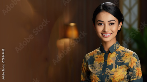 Malay woman in batik dress smiling isolated on pastel background photo