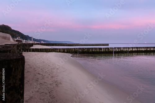 View on beach of Baltic sea in Svetlogorsk at sunrise. Kaliningrad region. Russia