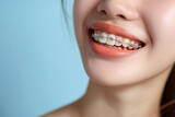 a woman smiling with braces on her teeth closeup, Healthy smile, dental post, banner