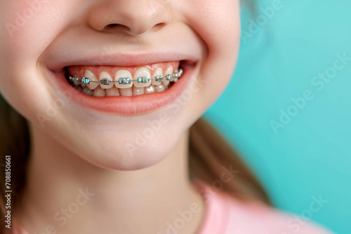 a teenage girl smiling with braces on her teeth, Healthy smile, dental post, banner
