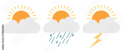 Vector illustration of a set of sun and clouds including rain and sky phenomena isolated on white.