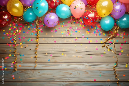 Festive Celebration with Colorful Balloons and Confetti on Wooden Background