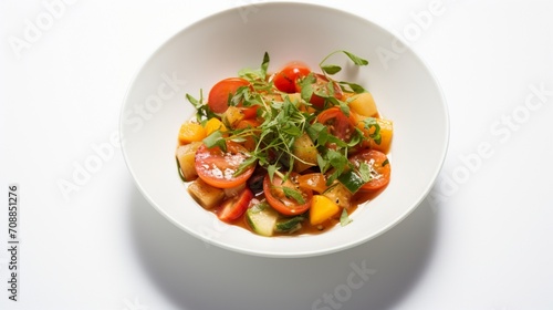 a vegetarian dish in a bowl on white.