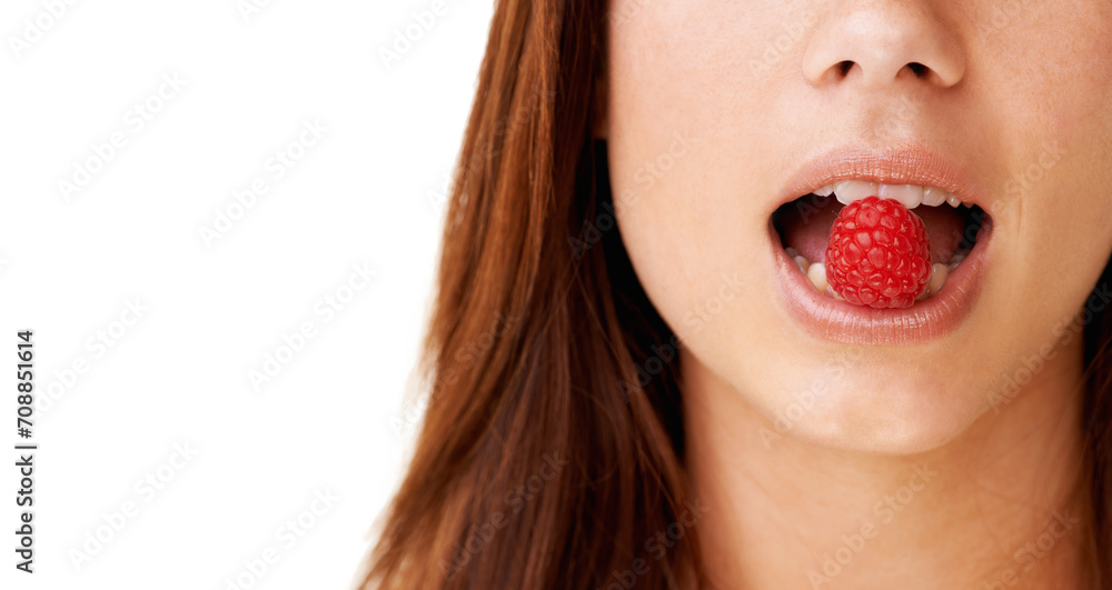 Health, mouth and closeup of woman with raspberry in a studio for detox, vegan diet and fresh ingredient. Wellness, nutrition and face of young female model with organic fruit by white background. Health, mouth and closeup of woman with raspberry in a studio for detox, vegan diet and fresh ingredient. Wellness, nutrition and face of young female model with organic fruit by white background.
