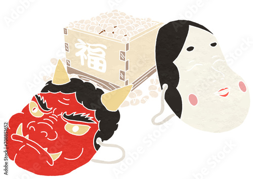 節分のお面と豆のイラスト（版画風）