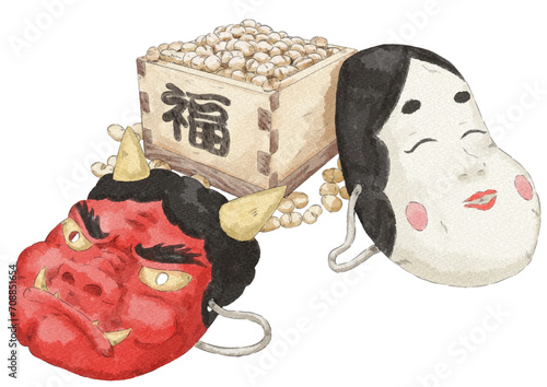 節分のお面と豆のイラスト（水彩風）
