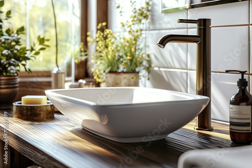 Understated Luxury Close-Up of White Ceramic Rectangle Vessel Sink on Wooden Vanity with Brass Faucet in Modern Minimalist Bathroom. created with Generative AI