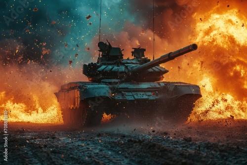 An armored tank firing during combat over a battlefield. Generative Ai. photo