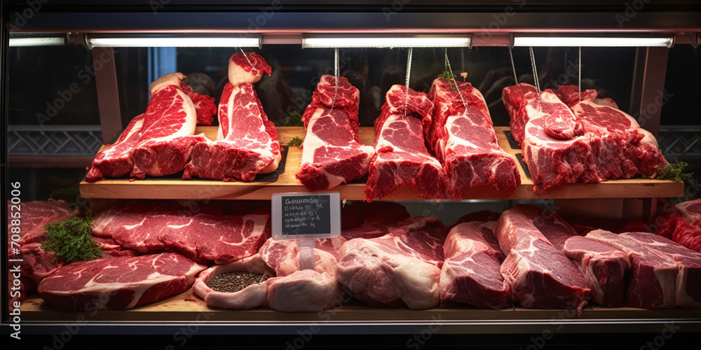 A display of meats in a butcher shop fresh meat in the market with shop background