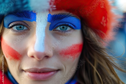 woman watching the 2024 olympic summer games wearing makeup in the color of the french flag photo