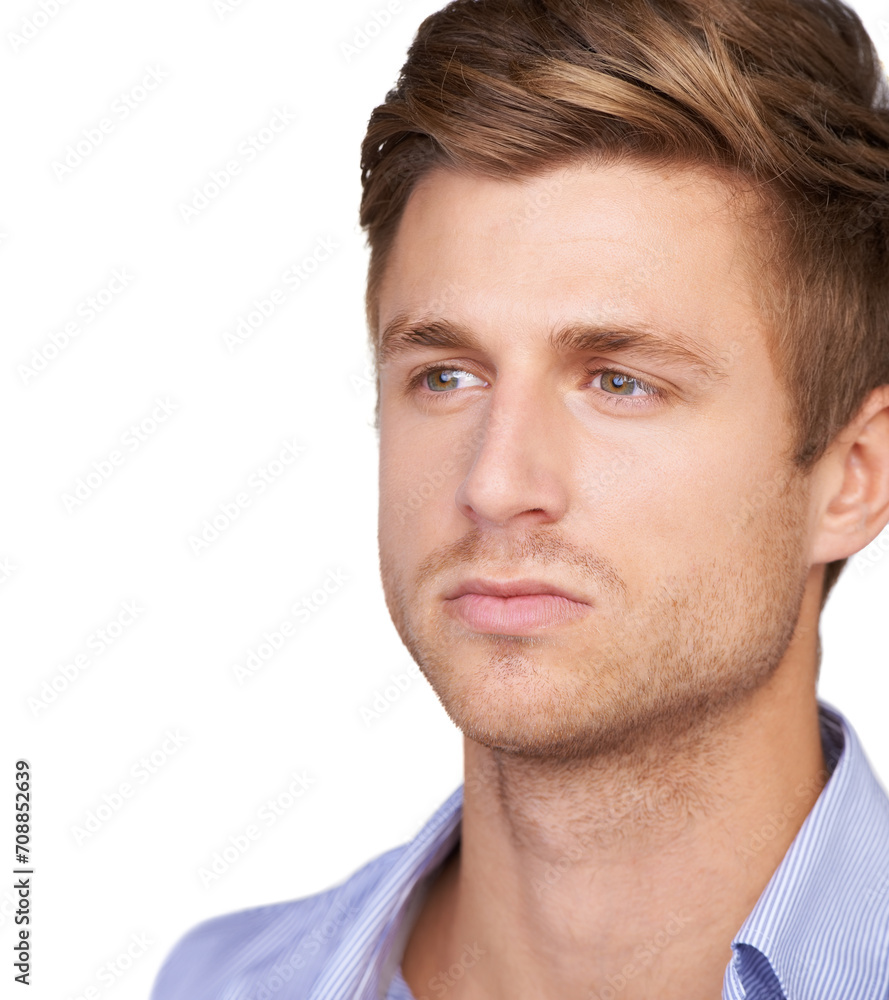 Obraz premium Man, face or thinking real estate agent by white background in studio for property, mortgage or sales about us. Broker, realtor and professional on backdrop for rental insurance, investment or advice