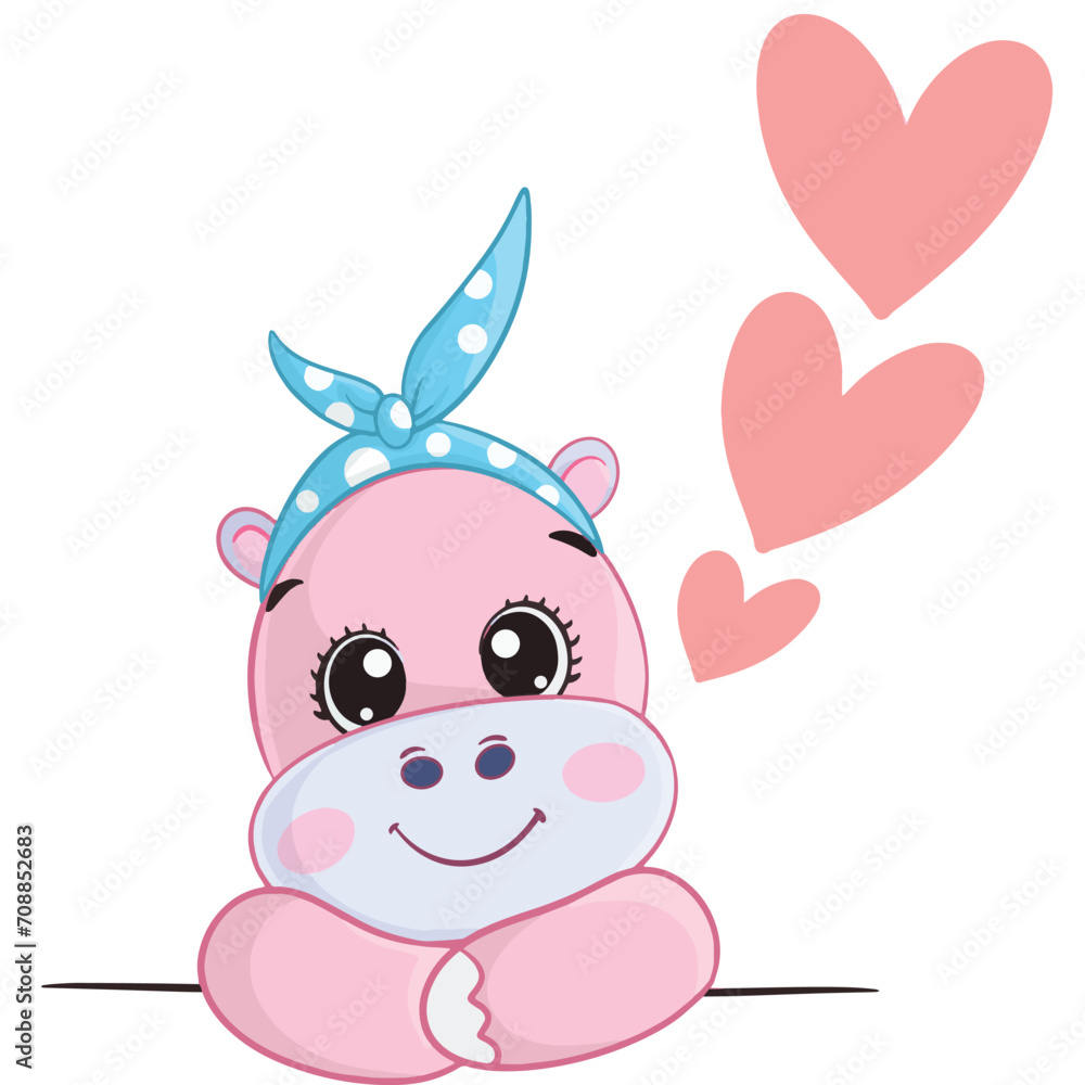 Cute Cartoon Hippo girl with pink love on a white isolation background Cute Cartoon Hippo girl with pink love on a white isolation background