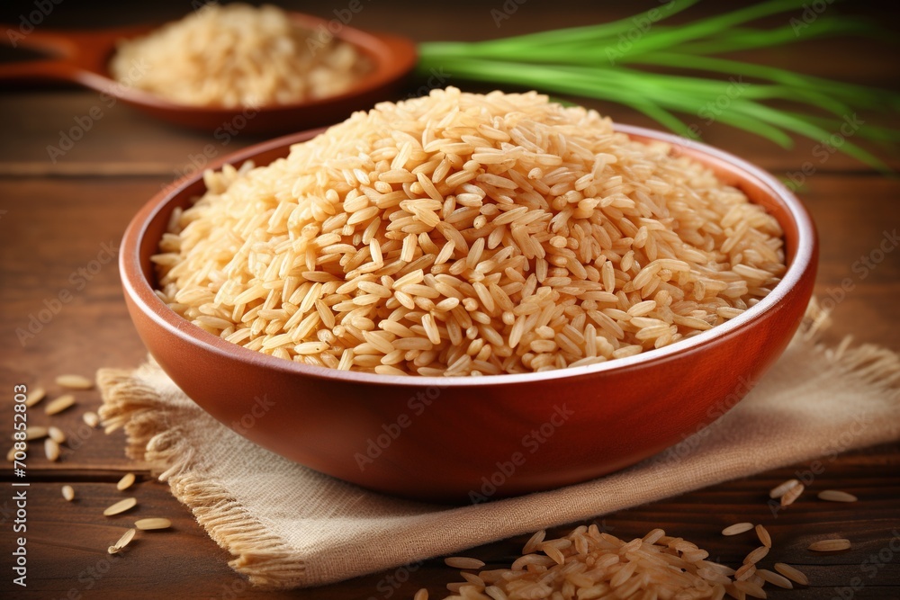 A bowl of brown rice on a wooden table A bowl of brown rice on a wooden table