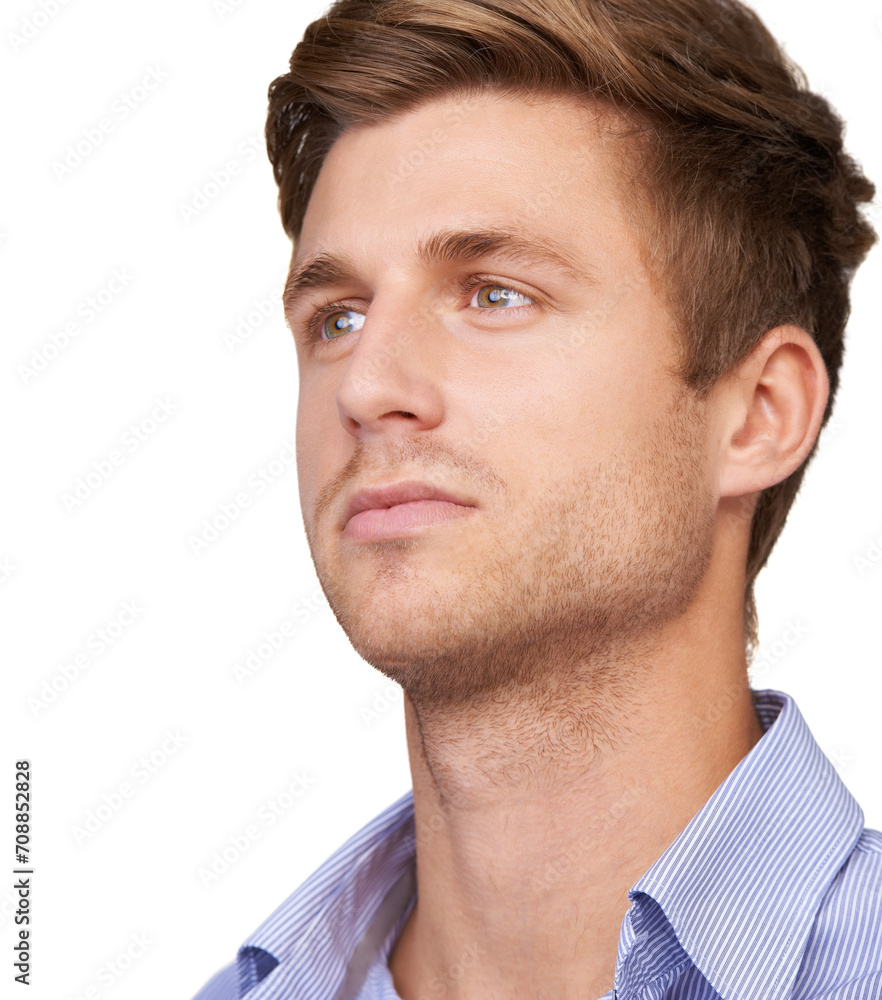 Consultant, face or thinking by white background in studio for small business vision, ideas or inspiration. Closeup, serious or male startup businessman on backdrop in planning future growth solution Consultant, face or thinking by white background in studio for small business vision, ideas or inspiration. Closeup, serious or male startup businessman on backdrop in planning future growth solution