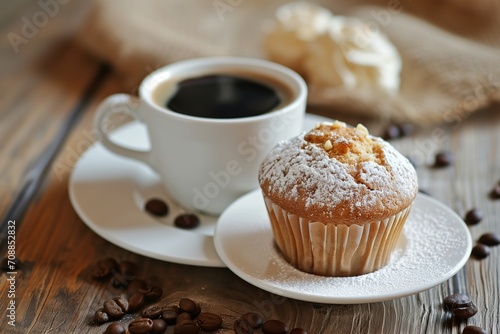 Fresh Muffin and Coffee on Rustic Table