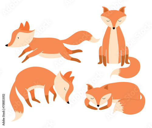 Cute fox cartoon character flat vector illustrations set.