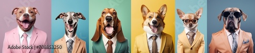 banner ranimal pet dog concept Anthromophic friendly Basset Hound boss dog wearing suite formal business suit pretending to work in coporate workplace studio shot on plain color wall photo