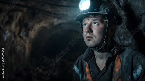 A reflective miner's expression in the mine's depths, his headlamp a beacon in the shadowy expanse, highlighting the solitude of his profession. © Cassova