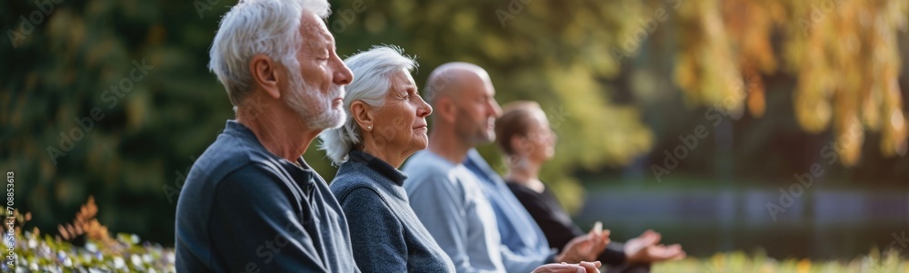 Elderly people meditating. Banner Elderly people meditating. Banner