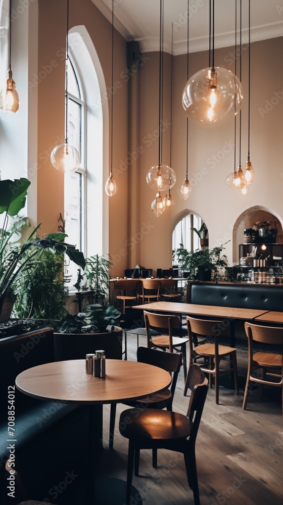 Elegant indoor space with large windows and hanging lights Elegant indoor space with large windows and hanging lights