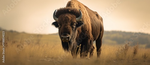 bison animal walking on the prairie photo