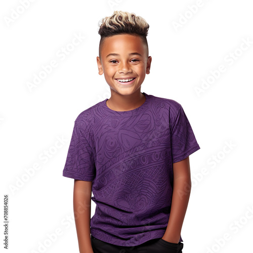  Front view mid shot of a 10-year-old Polynesian boy dressed in a purple T-shirt and black jeans, smiling on a white background