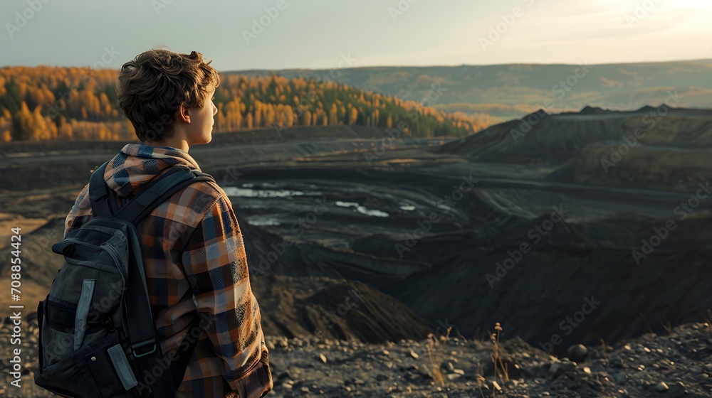 A boy wearing a plaid shirt and a backpack stands on a ridge overlooking a mining operation bathed in sunset light.