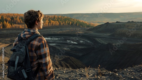 A boy wearing a plaid shirt and a backpack stands on a ridge overlooking a mining operation bathed in sunset light.