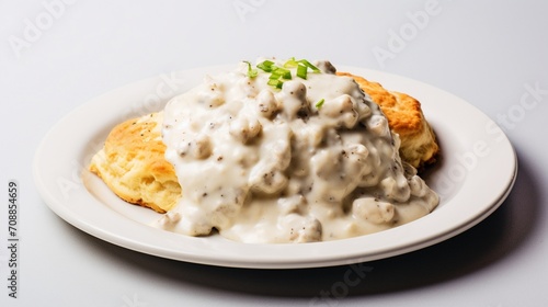 Celebrate the simplicity of a southern classic with an biscuits and gravy on a clean white background, invoking the cozy charm of a homemade meal.