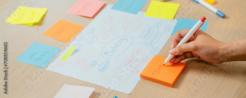 Closeup imaged of young creative businesswoman writes on colorful sticky note and places it on brainstorming mind map at meeting room. Creative and teamwork concept. Focus on hand. Variegated.