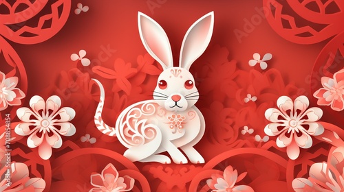 Crafty Chinese New Year Rabbit  Traditional Paper Cut Style on Red Background  Perfect for Festive Greetings and Promotional Content in 2024.