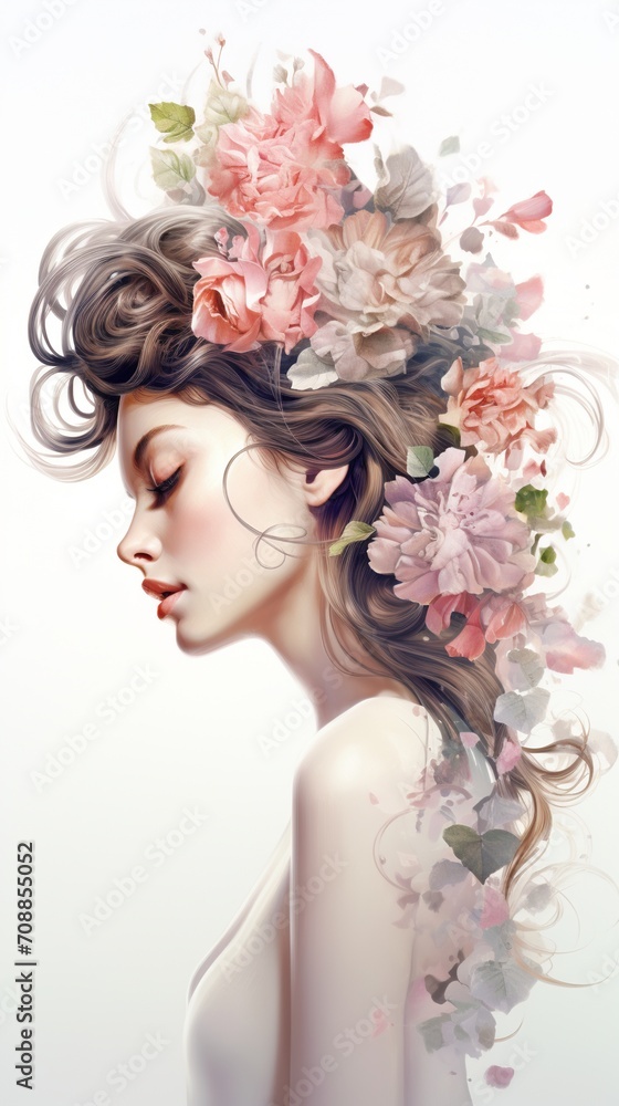 An illustration of a woman with flowers in her hair