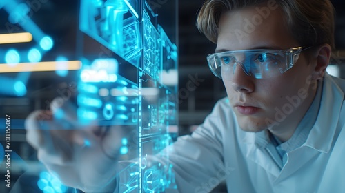 A young professional intensely focuses on intricate holographic data, symbolizing modern technology's cutting-edge in a blue-lit lab.