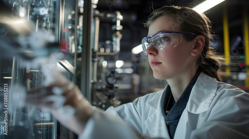 A focused scientist in safety glasses examines a complex laboratory setup, her attention captured by the precision of her work.
