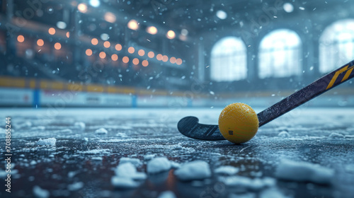 The hockey stick and ball rest on the icy indoor court, a quiet moment before the fervent play begins in women's hockey. photo