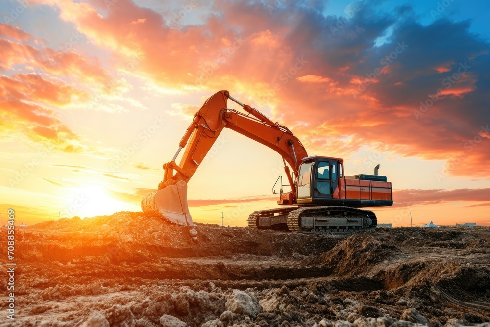 Excavator at a construction site against the setting sun Excavator at a construction site against the setting sun